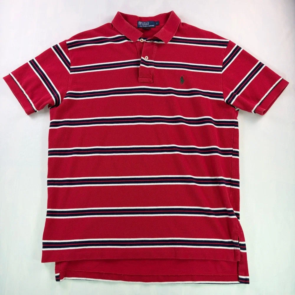 Polo Ralph Lauren Striped Polo Shirt Mens Large Red Navy White Pique Cotton L